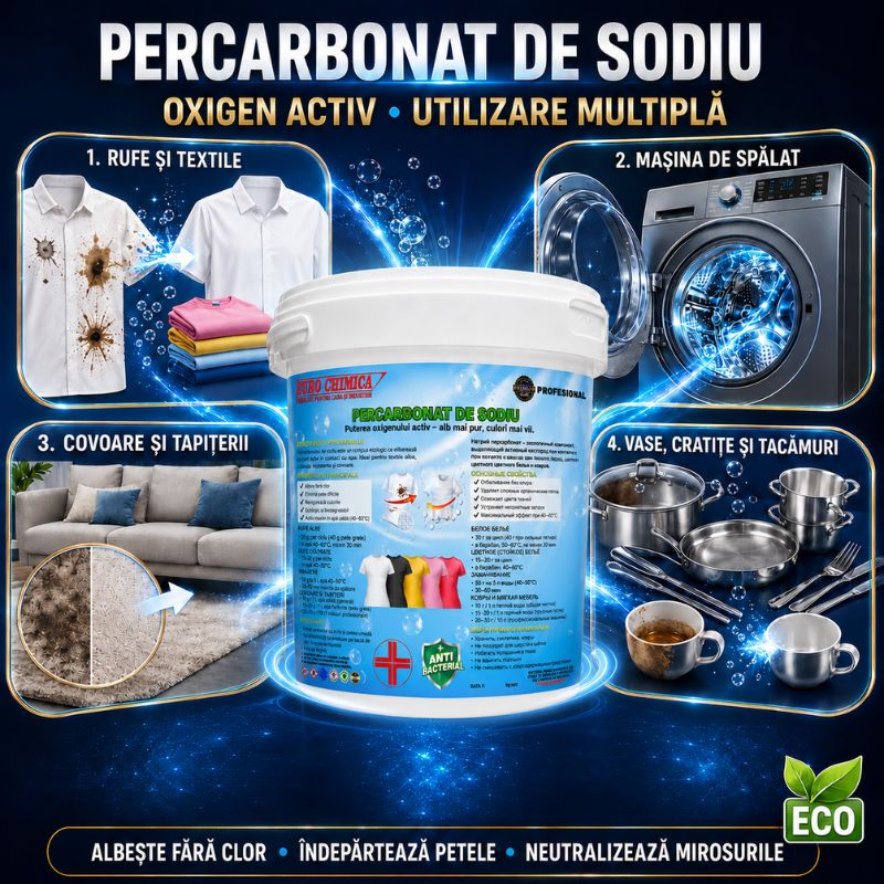 (Ofertă avantajoasă)1 kg – 150 lei.2 kg – 280 lei.PERCARBONAT DE SODIU – agent profesional de albire și curățare cu oxigen activ